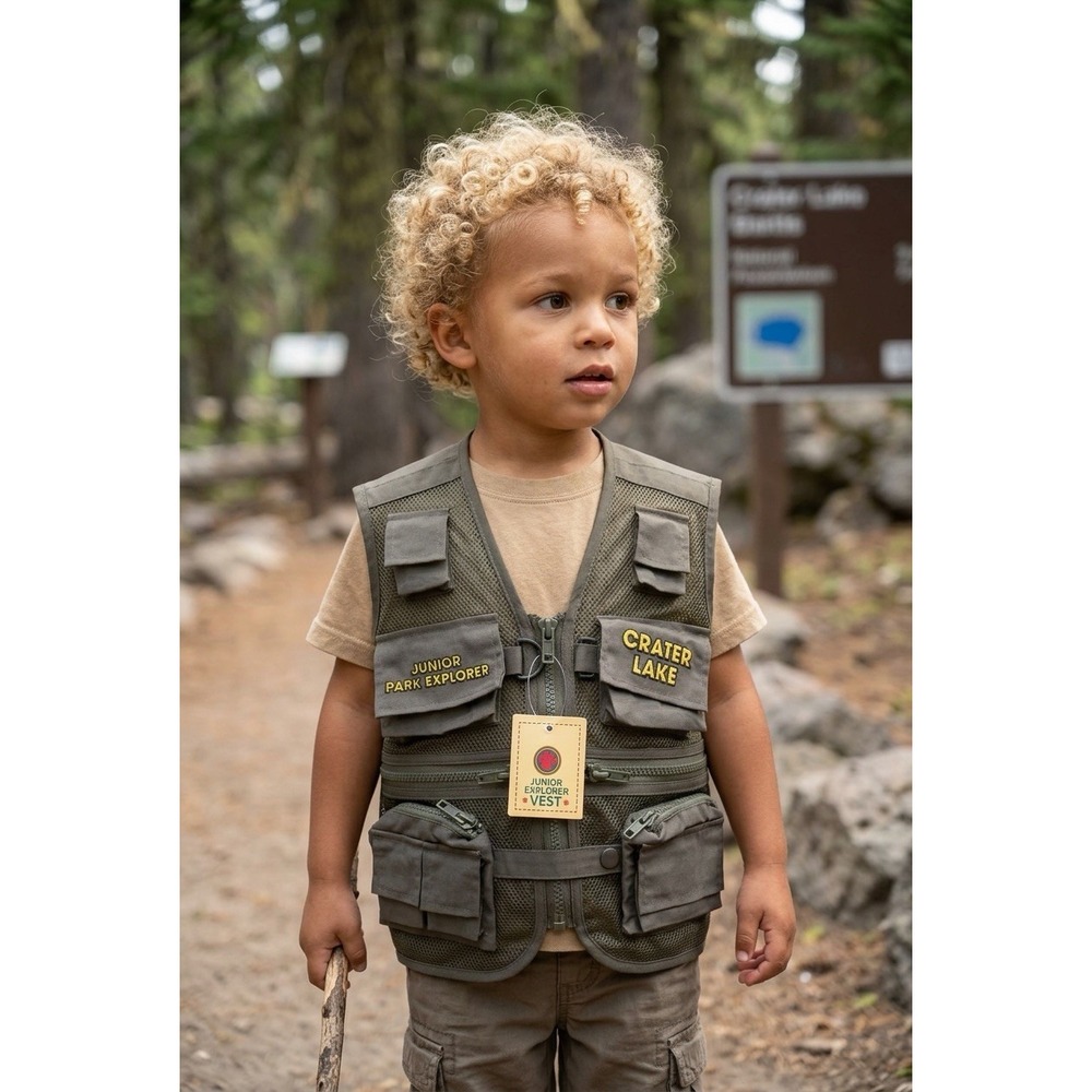 NEW JUNIOR Park EXPLORER Ranger Vest IMPACT CRATER LAKE FISHING HIKING Size S
